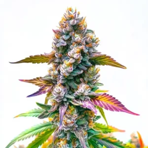 A vibrant Gary Payton Strain cannabis bud displays dense clusters with trichomes, surrounded by colorful, serrated leaves with shades of green, purple, and yellow, set against a plain white background.