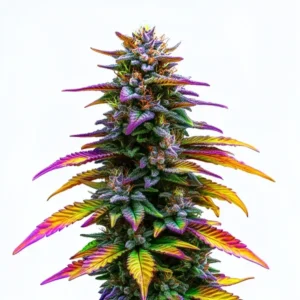 A Jealousy Strain cannabis plant displays vibrant, multicolored leaves in hues of purple, yellow, and green against a plain white background.
