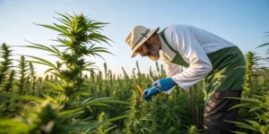 Botanist in a sunlit field inspecting tall cannabis plants with a sample tool.