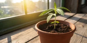 cannabis seedling growing in a small pot under sunlight by a window