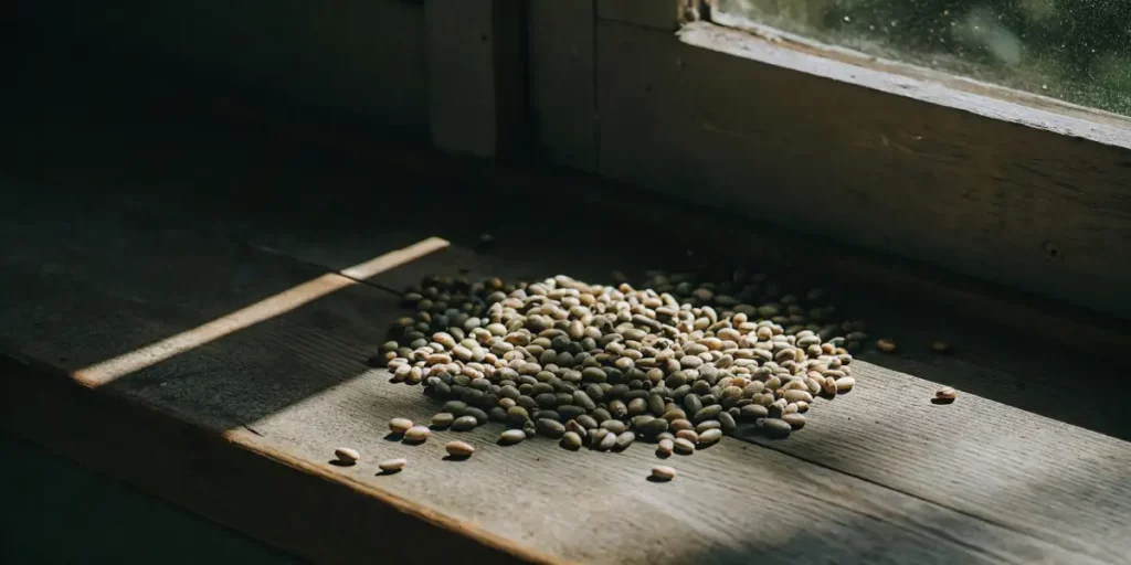 cannabis seeds on a rustic wooden surface near a sunlit window