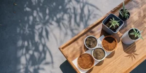 Various soil types in pots beside young cannabis seedlings on a wooden tray in sunlight.