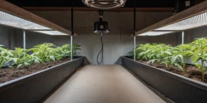 Perspective down the central aisle of an indoor grow room, flanked by trays of cannabis seedlings under suspended LED panels.