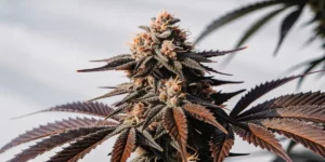 frosty cannabis cola with purple leaves under natural light
