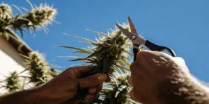 A hand gently holding a cannabis bud next to seeds and a leaf on a table with warm indoor lighting.