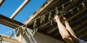 A beginner carefully hanging fresh cannabis buds on a drying line under wooden beams and blue sky.