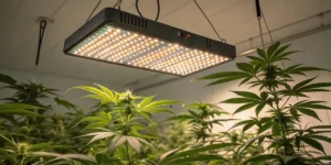 Close-up of cannabis plants under a state-of-the-art LED grow light in an indoor cultivation setup.