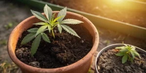 Young cannabis seedlings in clay pots outdoors under sunlight, growing in nutrient-rich soil.
