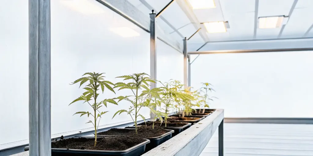 Hyper-realistic indoor cannabis grow room with a row of young plants in black pots, under bright overhead lights.