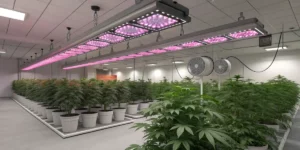 Spacious white‐walled indoor cannabis grow room with rows of green plants under bright LED fixtures