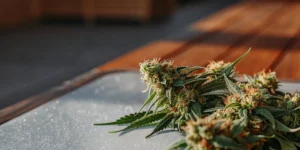 Cured cannabis buds resting on a metal tray under warm indoor lighting.