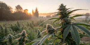 Dew-covered cannabis buds in an outdoor field at sunrise