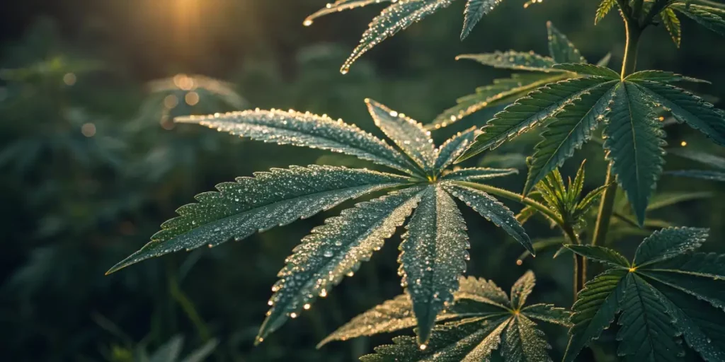 macro view of cannabis ruderalis leaves covered in morning dew