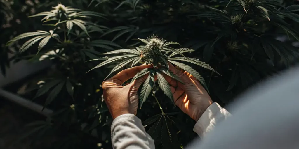 A gardener's hands delicately trimming the buds of a cannabis plant in a well-lit grow room.