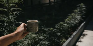 close-up of a hand holding a mug of cannabis-infused coffee in an outdoor garden