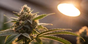 Close-up of a cannabis bud under a grow light in an indoor cultivation environment.