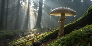 A lone magic mushroom covered in dew growing in a misty forest with sunlight streaming through.