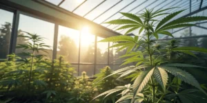 Close-up of vibrant cannabis plants thriving in a sunlit glass greenhouse