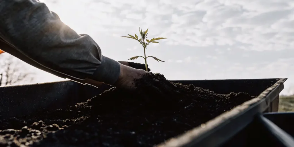Hands gently covering a young cannabis seedling with soil under natural light.