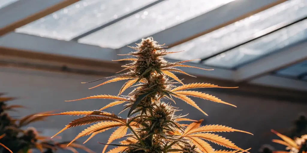 A vibrant cannabis plant with orange-tinted leaves growing inside a greenhouse under natural sunlight.