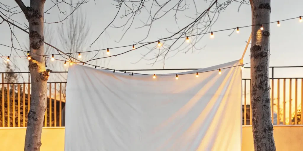 Outdoor cinema screen setup with hanging lights at dusk in a serene garden