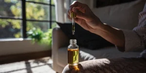 Hand holding a dropper over an amber essential oil bottle, with a window in background.