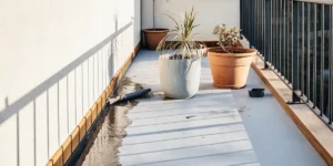 Sunny apartment balcony with three potted plants and water on the floor.