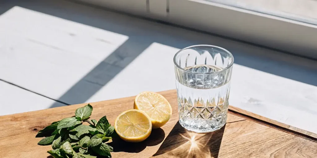 Crystal-clear glass of water with lemon slices and fresh mint on a rustic wooden board in sunlight.