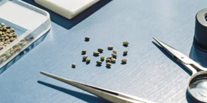 Cannabis seeds being carefully examined in a laboratory setup with precision tools.