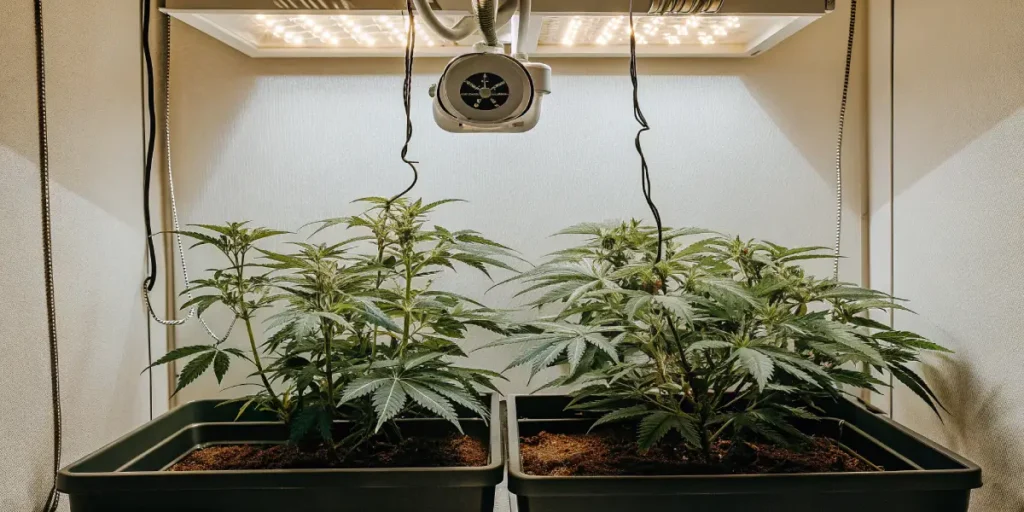 Indoor cannabis plants under LED lights in a grow box with ventilation.