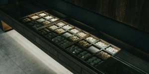 High-angle view of a meticulously arranged display case filled with various processed cannabis products, in a retail setting.