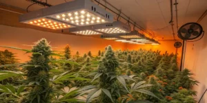 Indoor Cultivation Scene of Orange Sherbet plants under warm LED grow lights in a controlled grow room.