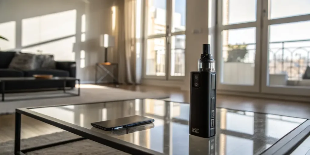 Close-up of a sleek black vape device on a glass coffee table with a smartphone in a modern, sunlit living room.