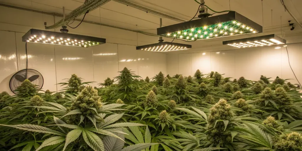 Indoor Afghan Kush Auto plants growing under LED lights in a controlled cultivation room.