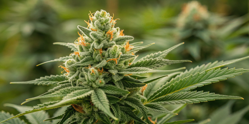 Close-up of an Alien OG cannabis bud covered in trichomes and orange pistils.