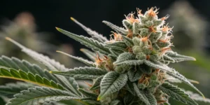Detailed macro image of Alien Rock Candy in full bloom with trichome-rich buds.