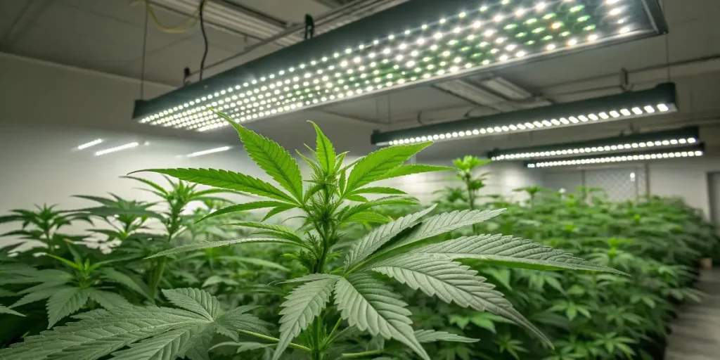 Banana Kush Cake Auto cannabis plants growing indoors under LED lights.