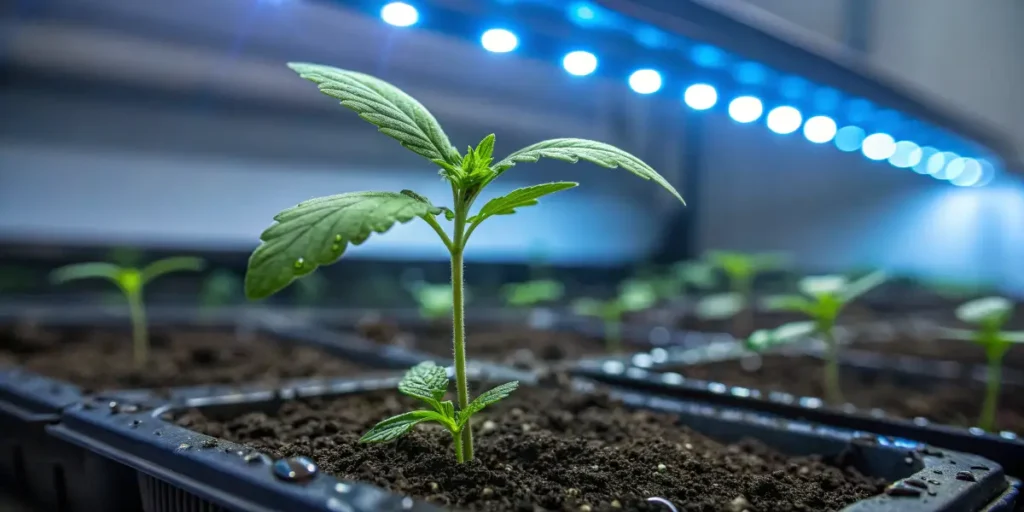 cannabis seedling growing under LED lights in pots.