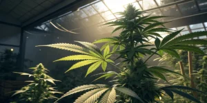 Blue Berry Skittlez Auto cannabis plant in vegetative stage inside greenhouse.