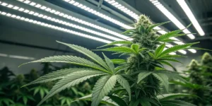 Blue Dream cannabis seedling growing in nutrient soil under warm LED light.
