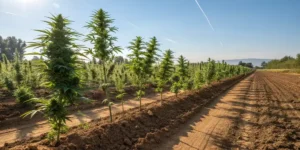Blue Gelato 41 cannabis plants growing outdoors under clear blue skies.
