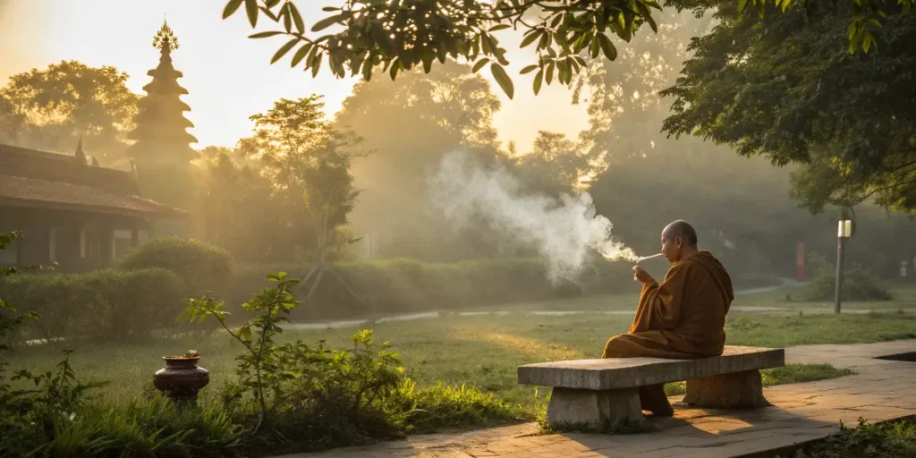 monk sitting on bench exhaling smoke in temple garden at sunrise.