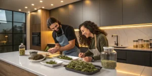 Couple cooking together with cannabis ingredients in a modern kitchen.