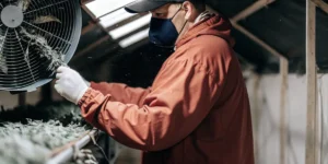 Worker controlling cannabis drying process in a ventilated room with fan system.