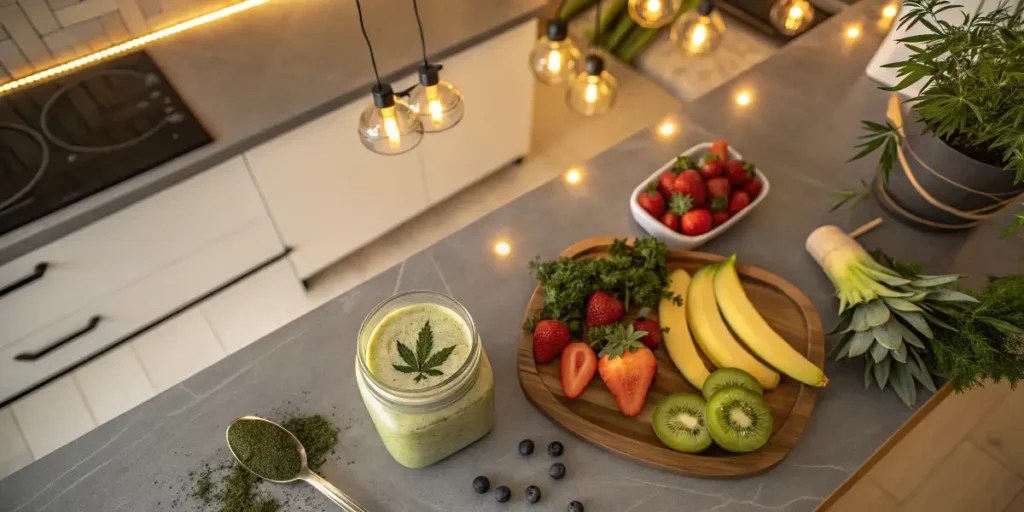cannabis smoothie surrounded by fruits and greens on kitchen counter.