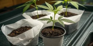CBD Auto 201 seedling growing in soil beside bowls of cannabis seeds and substrate.