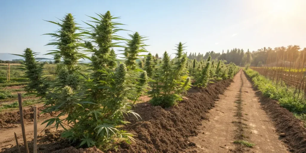CBD Auto 201 cannabis plants growing outdoors in rows under bright sunlight.