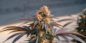 Colorful cannabis bud with purple leaves in outdoor light.