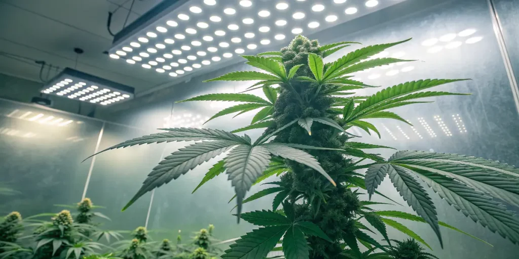 cannabis plant in flowering stage under professional lighting.