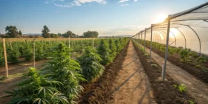 Outdoor gorilla zkittlez cannabis plants growing beside a greenhouse under clear blue skies.